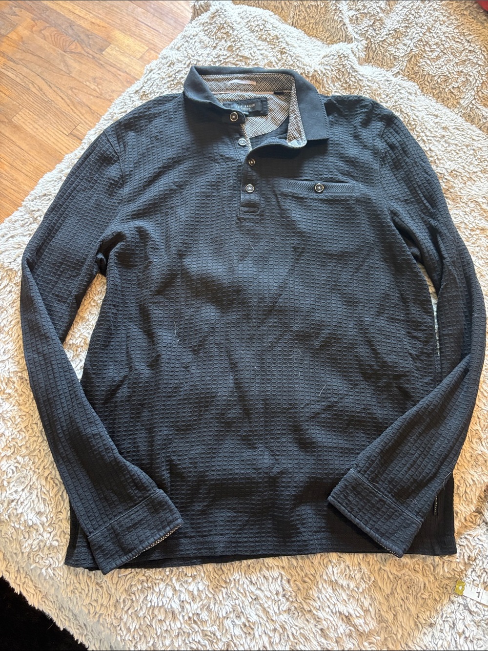 Ted Baker Textured Long Sleeve Polo in‎ Black